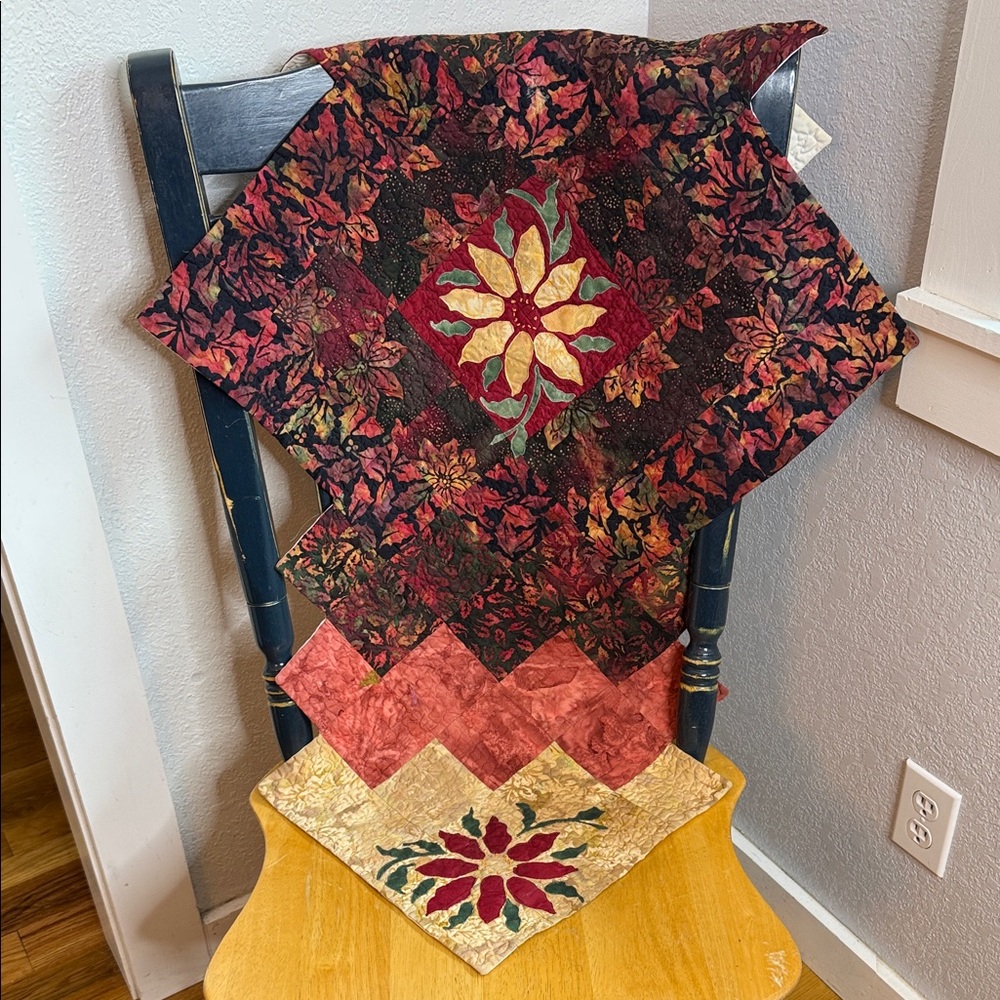Handmade Quilted Poinsettia Table Runner Autumn Patchwork Cotton Holiday Decor